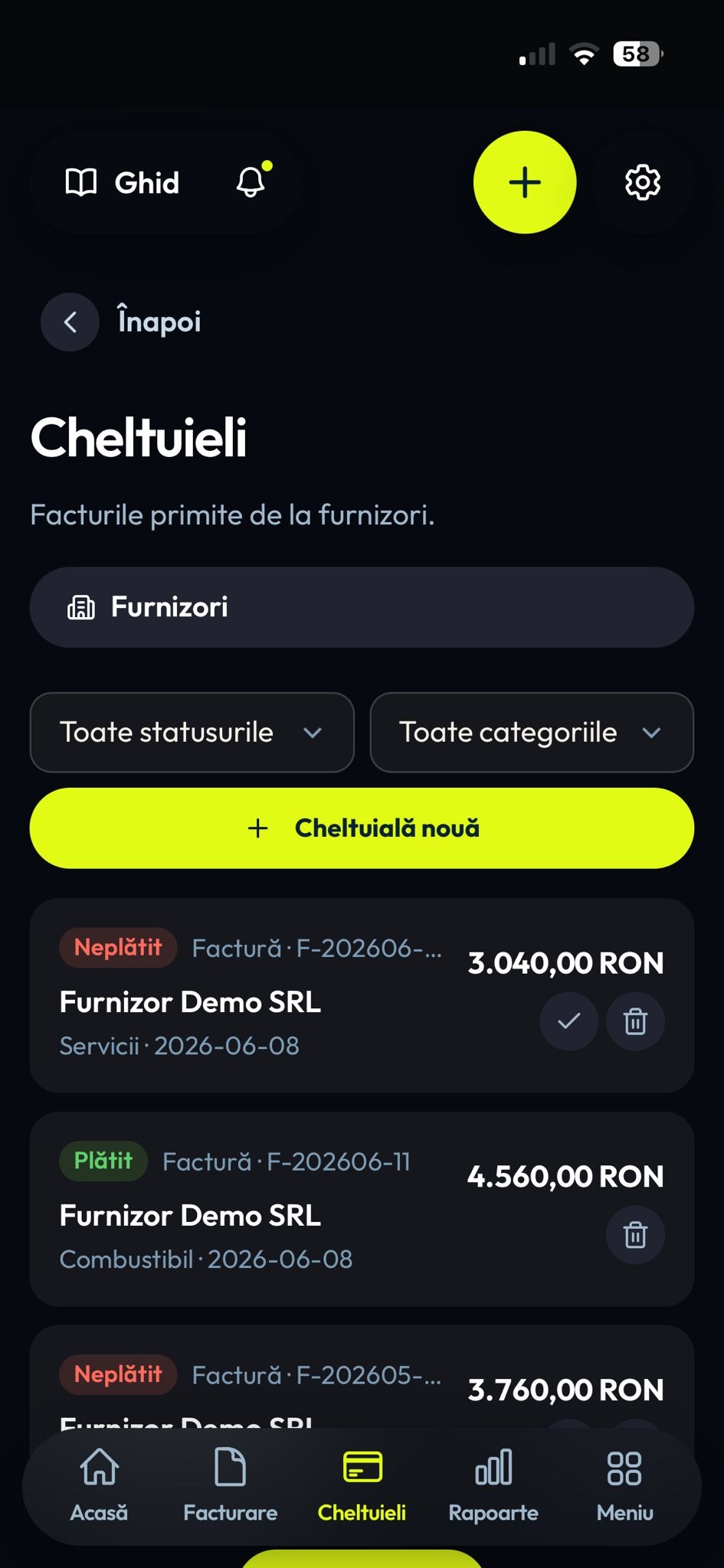 facturamea · ecranul Cheltuieli