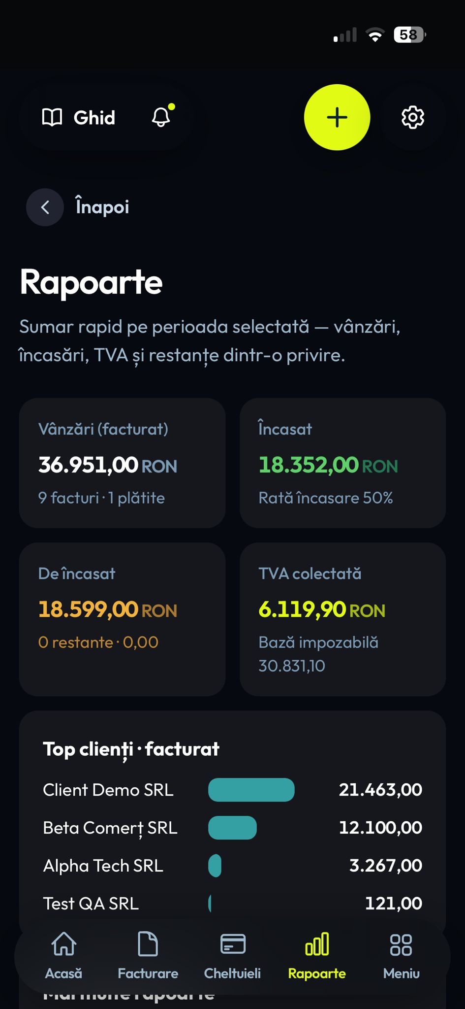 facturamea ·ecranul Rapoarte